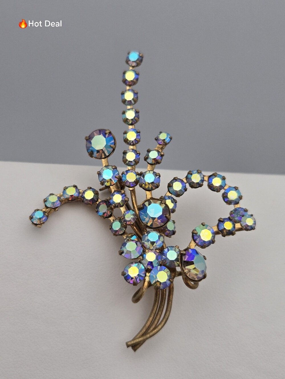 Vintage Aurora Borealis AB Rhinestone Floral Spray Brooch Gold Tone Sparkly 2.5"